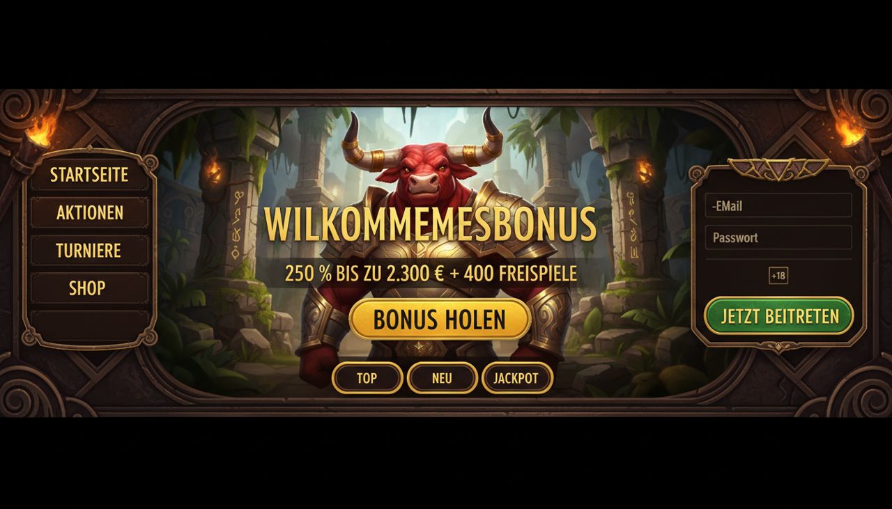 Startseite von Mino Casino mit Willkommensbonus und Anmeldebereich